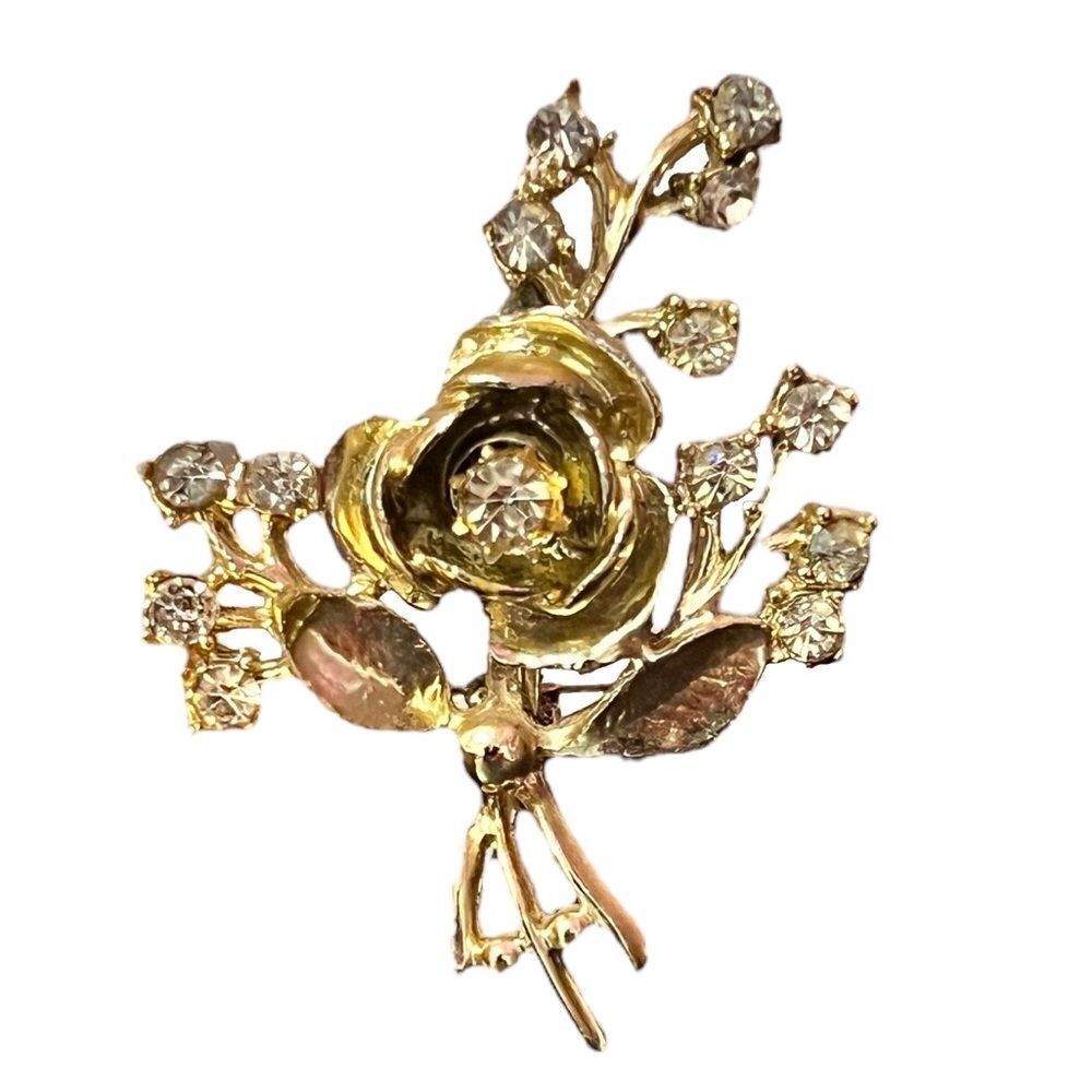 Gold Tone Rhinestone Flower Rose Brooch